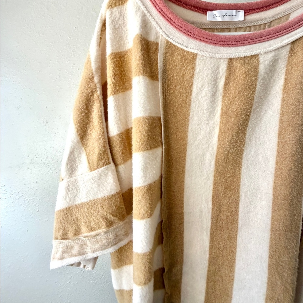 Women’s Fleece Sweater Stripes Oversized Loose Fit Boxy Warm Ces Femme shirt